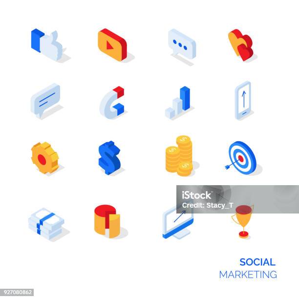 Isometric Social Marketing Icons Set Stock Illustration - Download Image Now - Isometric Projection, Three Dimensional, Icon Symbol