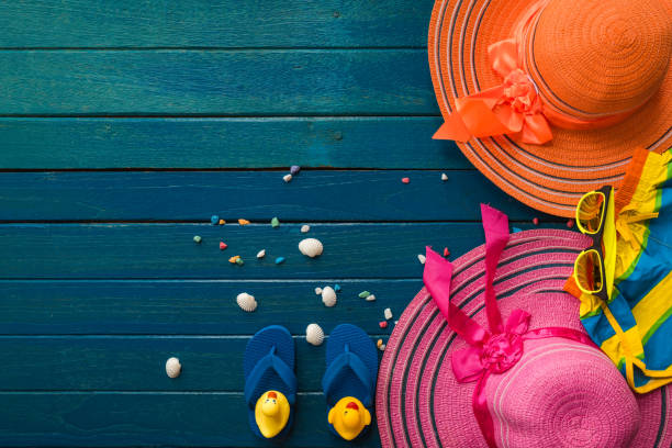 istock Set of summer object on blue wooden for background, Object summer concept on plank 927084134