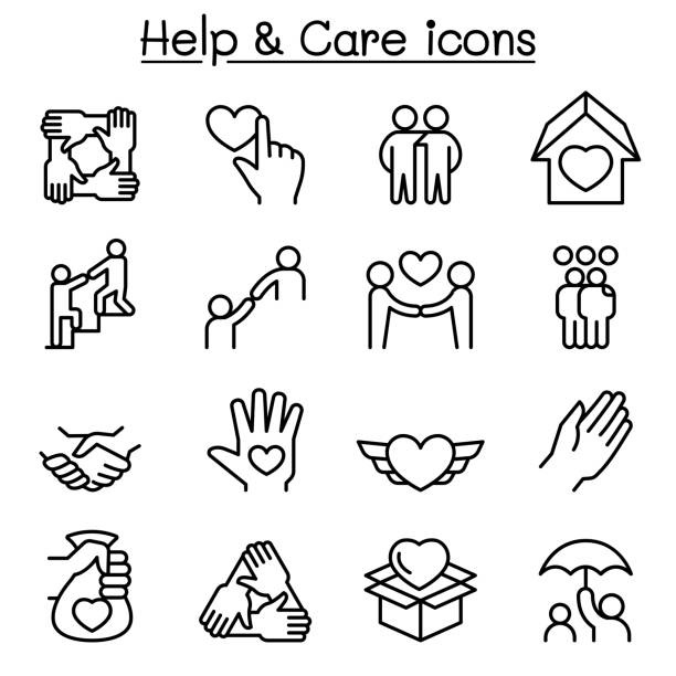 ilustrações de stock, clip art, desenhos animados e ícones de help, care, friendship, generous & charity icon set in thin line style - dedication
