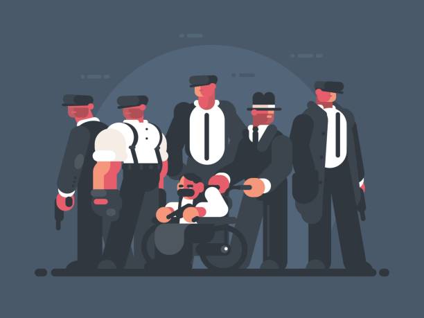 Godfather of mafia Godfather of mafia. Man in wheelchair and group of gangsters. Vector illustration mob boss stock illustrations