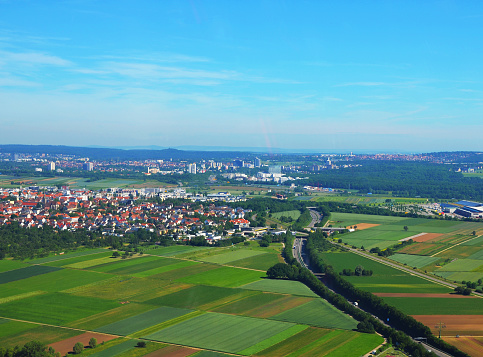 Aerial view of Stuttgart area with german Autobahn leading to Stuttgart