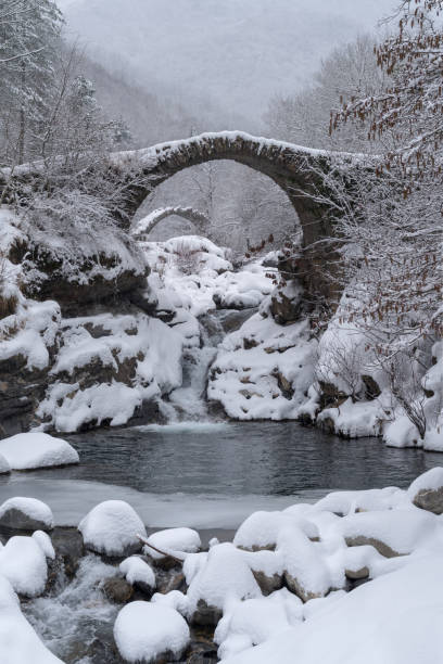 istock Arch bridge in mountains during winter, South Alps, Italy 927096446