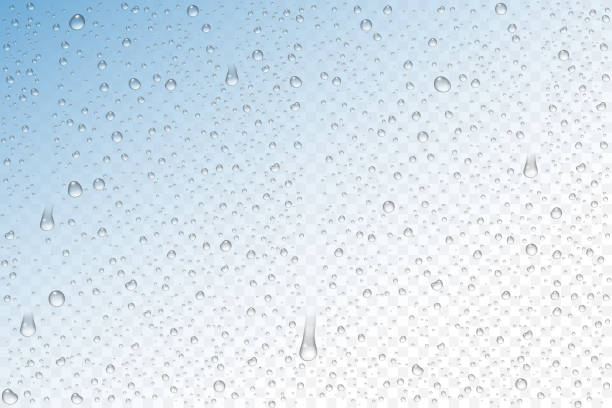 Vector realistic water drops condensed Vector realistic water drops condensed on transparent background. Rain droplets without shadows for transparent surface. Pure water bubbles isolated. Many forms and sizes. rain drop stock illustrations