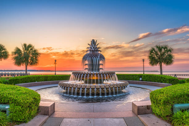 Charleston, South Carolina, USA Fountain Charleston, South Carolina, USA at the Waterfront Park Pineapple Fountain. charleston sc pineapple fountain stock pictures, royalty-free photos & images