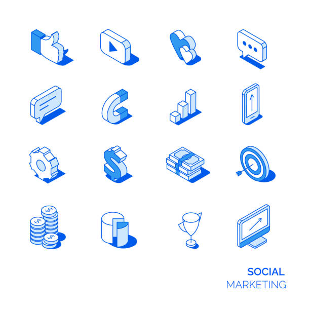 Isometric social marketing icons set. Isometric social marketing icons set. Line style 3D icons social media icon illustrations stock illustrations