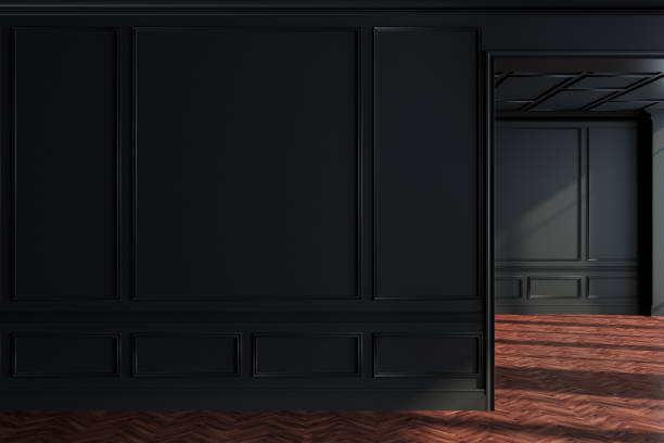 istock Black empty room interior, wooden floor, wall 927098732