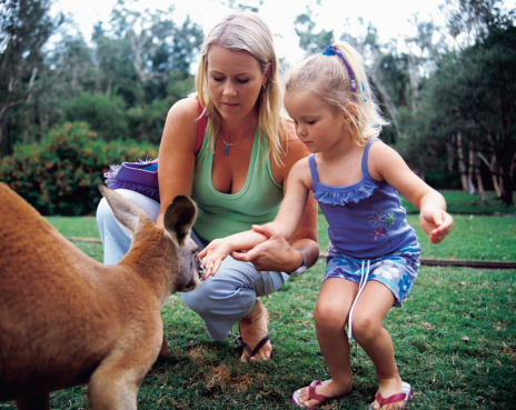 Mum and daughter petting a kangaroo (wallaby) in a sanctuary.