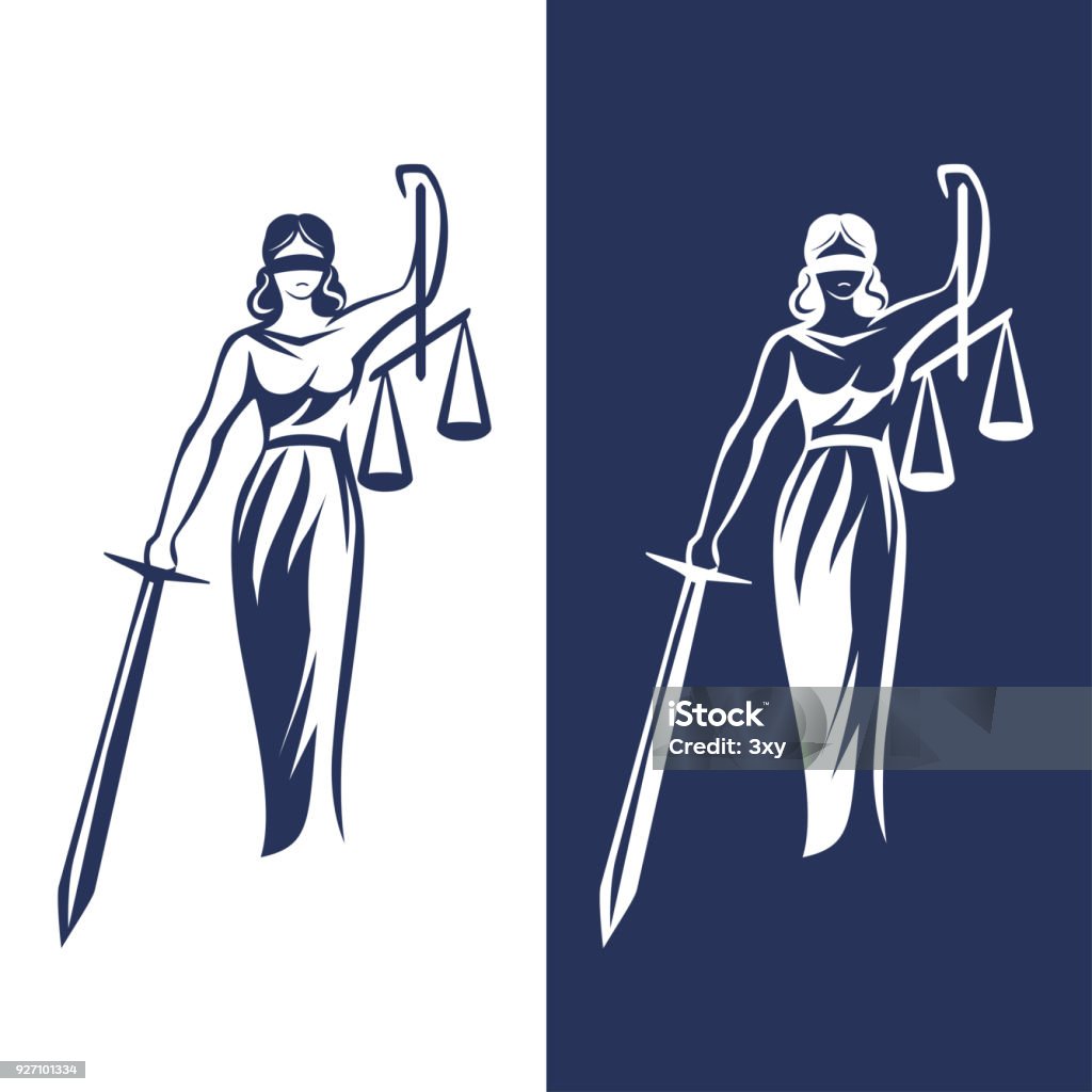 lady justice statue Justice Goddess Themis, lady justice Femida. Stylized contour vector. Blind woman holding scales and sword. Lady Justice stock vector