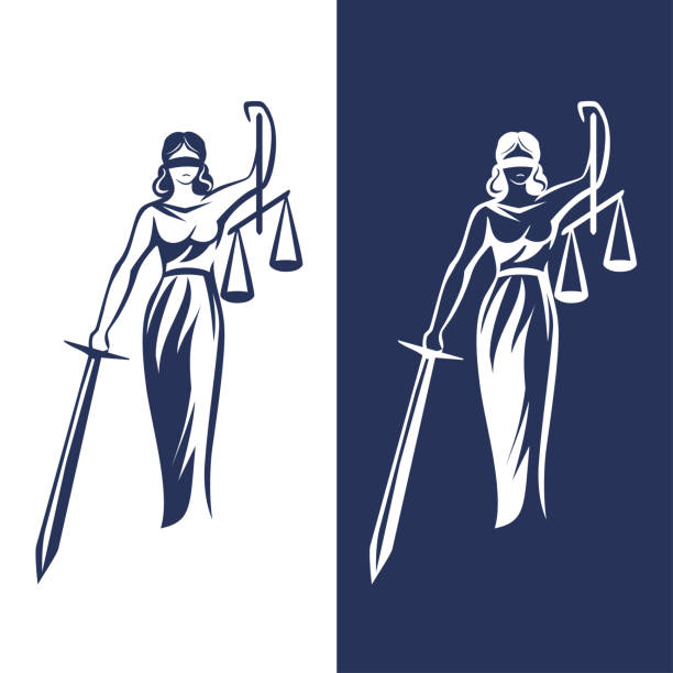 lady justice statue Justice Goddess Themis, lady justice Femida. Stylized contour vector. Blind woman holding scales and sword. lady justice stock illustrations