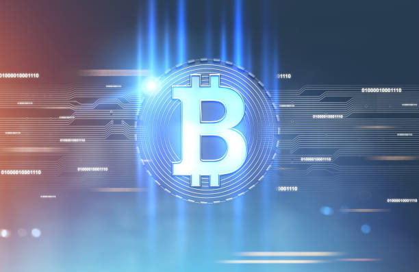 istock Shining bitcoin sign, blue red background 927101914
