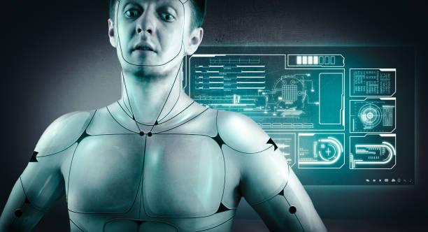 istock Cyborg in front of digital screen full of graphs and information. 927107864