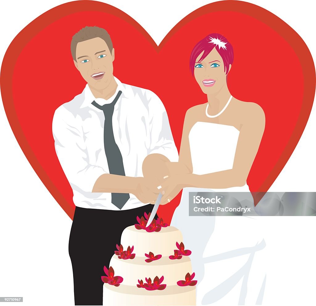 Novia y el novio y una porción de torta en el día de boda - arte vectorial de Boda libre de derechos