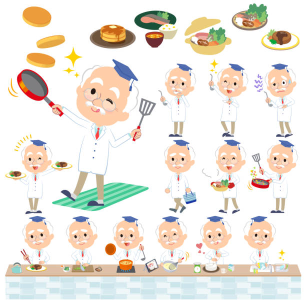ilustrações, clipart, desenhos animados e ícones de pesquisa médico velho men_cooking - hamburg iowa