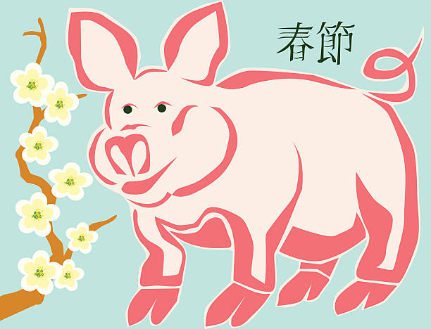 Happy Pig with Plum Blossoms - Chinese Zodiac Illustration vector art illustration