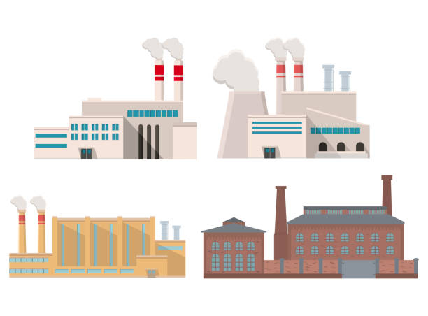 ilustraciones, imágenes clip art, dibujos animados e iconos de stock de fábrica industrial plana estilo vector ilustración. planta o fábrica building.road de la fachada de la ventana de árbol. edificio de la fábrica de la fabricación. concepto de edificio industrial. - fábrica