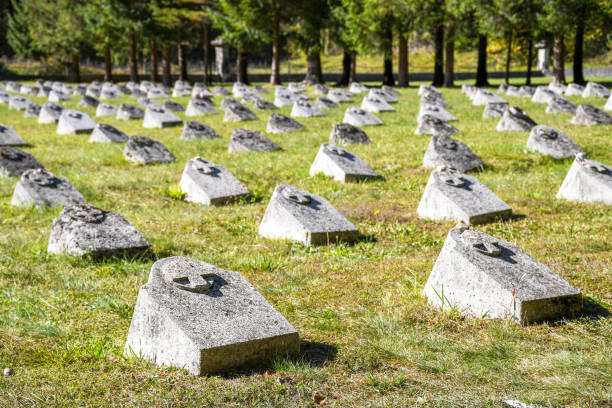 istock Old military war graveyard with concrete tombstones 927121958