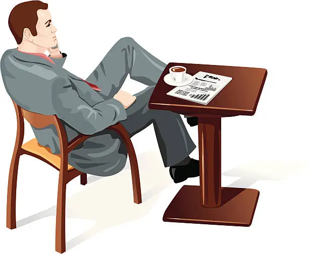 Vector illustration of Businessman in a cafe, talking by cell phone.