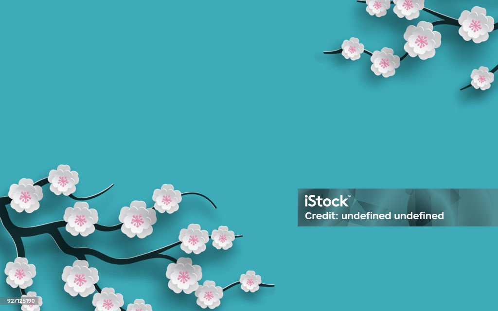 Floral background decorated blooming cherry flowers branch, bright blue backdrop for spring time season design. Banner, poster, flyer with place for your text. Paper cut out style, vector Floral background decorated blooming cherry flowers branch, bright blue backdrop for spring time season design. Banner, poster, flyer with place for your text. Paper cut out style, vector illustration Cherry Blossom stock vector