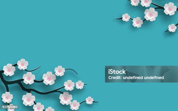 Floral Background Decorated Blooming Cherry Flowers Branch Bright Blue Backdrop For Spring Time Season Design Banner Poster Flyer With Place For Your Text Paper Cut Out Style Vector Stock Illustration - Download Image Now