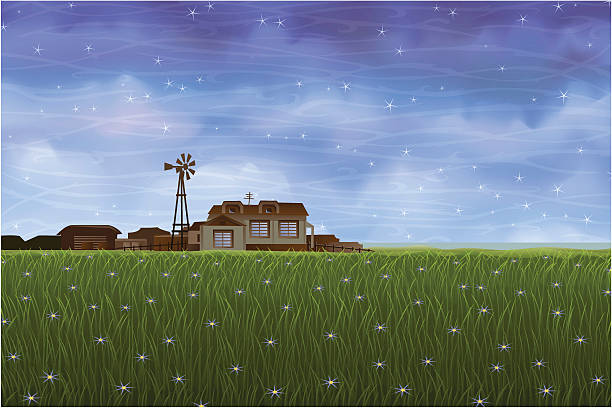 Summer rural landscape - small farm over green meadow vector art illustration