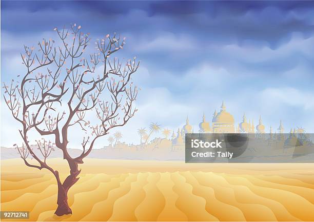 Pustynia Withering Drzew I Starożytny Oriental Zamek Mirage - Stockowe grafiki wektorowe i więcej obrazów Architektura