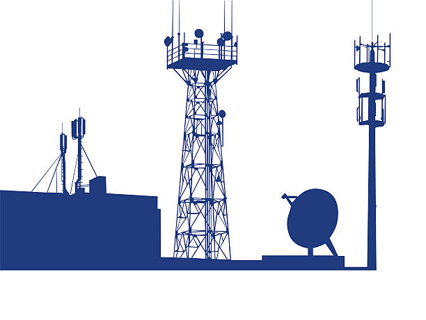 Blue satellites and communications mast Communicatios Mast lookout tower stock illustrations