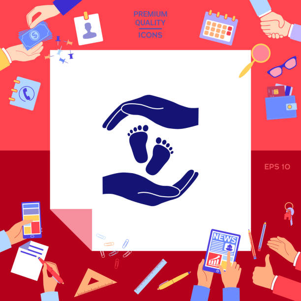 istock Hands holding baby foot, protection symbol 927134398