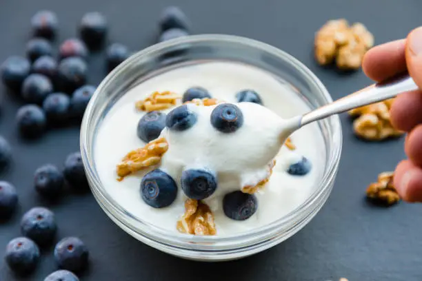 Plain full-fat yogurt (Greek Yogurt) on slate background.