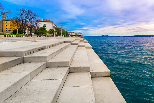 Scenic view at coastal town Zadar and famous landmark on city promenade, Croatia Europe.