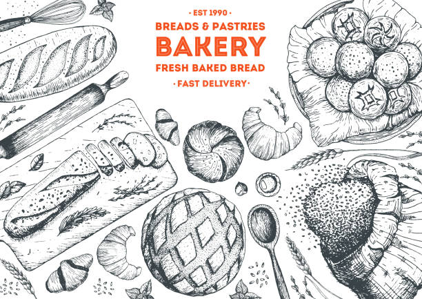 Bakery top view frame. Hand drawn sketch with bread, pastry, sweet. Bakery set vector illustration. Background template for design. Engraved food image Bakery top view frame. Hand drawn sketch with bread, pastry, sweet. Bakery set vector illustration. Background template for design. Engraved food image bread borders stock illustrations