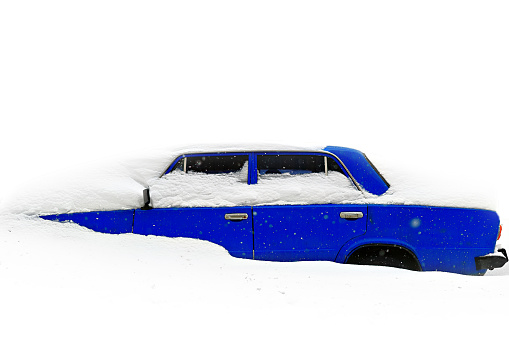 Blue soviet car under the snow. White infinity.