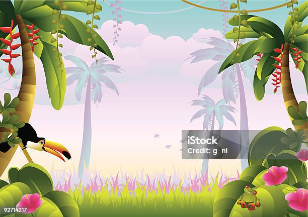 Tropical Jungle With Macaw Stockvectorkunst en meer beelden van Regenwoud - Regenwoud, Tropisch regenwoud, Bananenplant