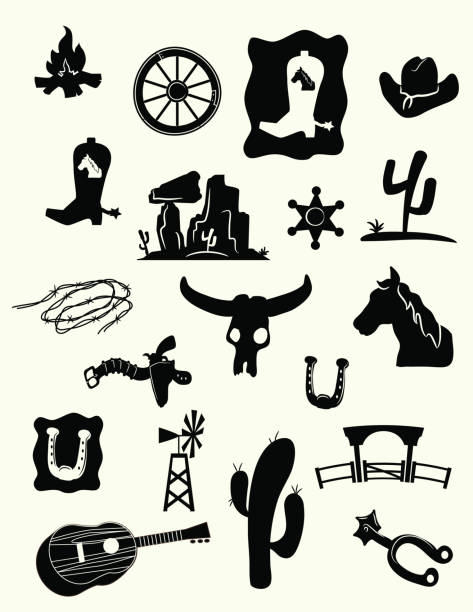 illustrazioni stock, clip art, cartoni animati e icone di tendenza di wild west icone - horseshoe cowboy fire cowboy hat