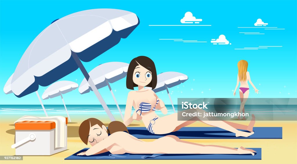 Women sunbathing on nude beach. Men are not permitted. Creating a tan skin. Travel Beauty. Sexy and beautiful. Beach stock vector