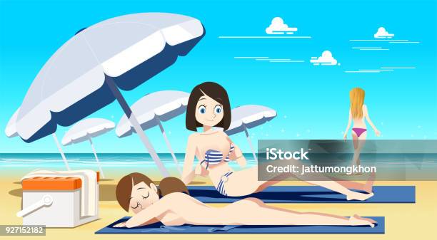 Women Sunbathing On Nude Beach Men Are Not Permitted Creating A Tan Skin Travel Beauty Sexy And Beautiful Stock Illustration - Download Image Now