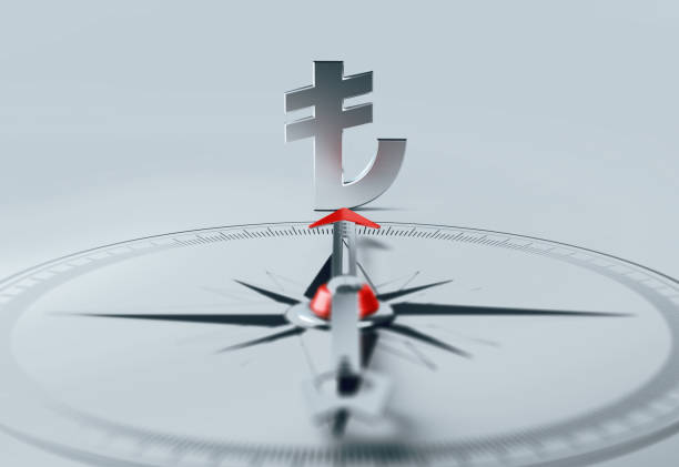 Arrow of compass is pointing Turkish Lira symbol. Horizontal composition with selective focus and copy space.