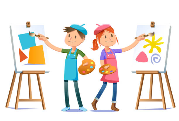 ilustraciones, imágenes clip art, dibujos animados e iconos de stock de jóvenes artistas practican sus habilidades para encontrar un sueño. diseño de personajes de concepto de la escuela de arte. divertidos para pintar. - artists canvas illustrations