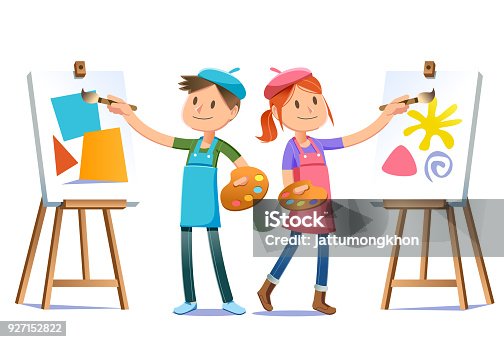 istock Young artists practice their skills to find a dream. Art school concept character design. Fun to paint. 927152822