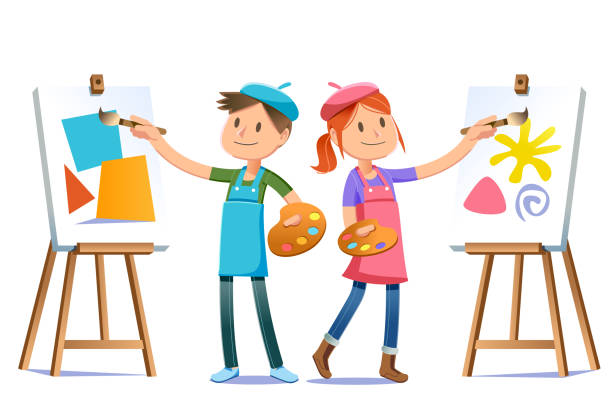 Young artists practice their skills to find a dream. Art school concept character design. Fun to paint. Young artists practice their skills to find a dream. Art school concept character design. Fun to paint. painter stock illustrations