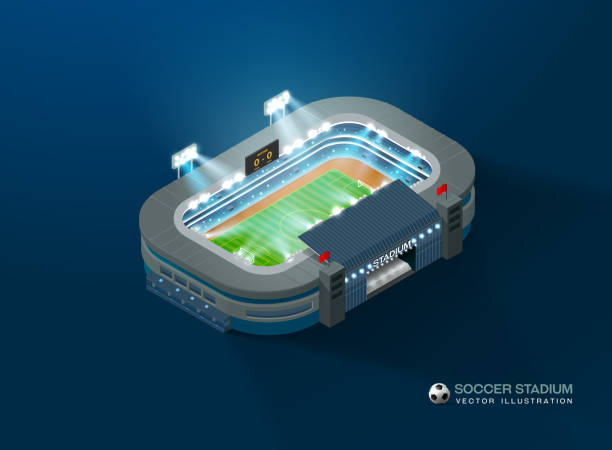 illustrations, cliparts, dessins animés et icônes de illustration vectorielle de football soccer stadium nuit isométrique - american football stadium illustrations