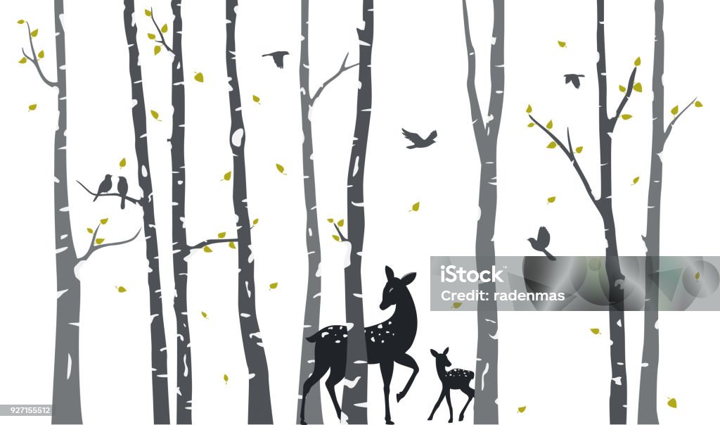 Birch Tree with deer and birds Silhouette Background Vector Illustration of Birch Tree with deer and birds Silhouette Background In Silhouette stock vector