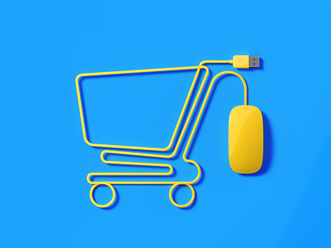 Yellow mouse cable forming a shopping cart symbol on blue background. Horizontal composition with copy space and clipping path.