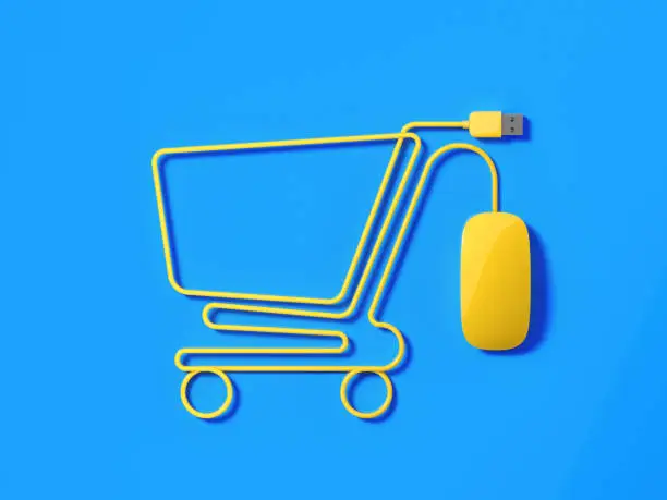 Photo of Yellow Mouse Cable Forming A Shopping Cart Symbol On Blue Background