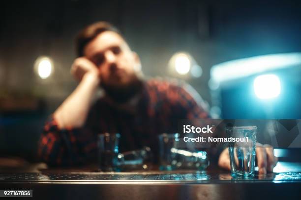 Drunk Man Sleeps At Bar Counter Alcohol Addiction Stock Photo - Download Image Now - Alcohol Abuse, Bar - Drink Establishment, Adult