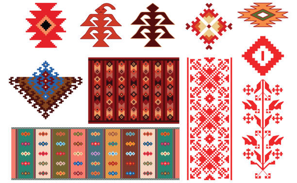Design of traditional Bulgarian rugs and folklore elements Vector illustration of colorful ethnic motifs. The composition contains colorful rugs, karakachka, stylized flower and crosses. They are an ancient symbols woven into carpets and the national Bulgarian costumes. The artwork may be used as a template and easy to modify. Isolated objects over white background. bulgaria stock illustrations