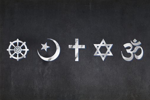 Pizarra - símbolos religiosos (budismo, Islam, cristianismo, judaísmo y el hinduismo) photo