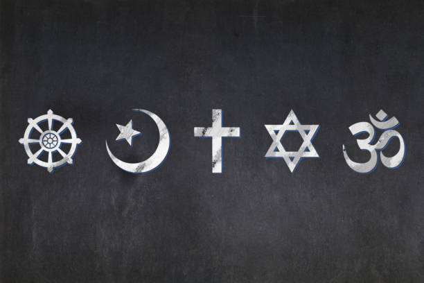 Blackboard - Religious symbols (Buddhism, Islam, Christianity, Judaism, and Hinduism) Blackboard with the symbols of the five most important religions (Buddhism, Islam, Christianity, Judaism, and Hinduism) drawn in the middle. religion symbols stock pictures, royalty-free photos & images