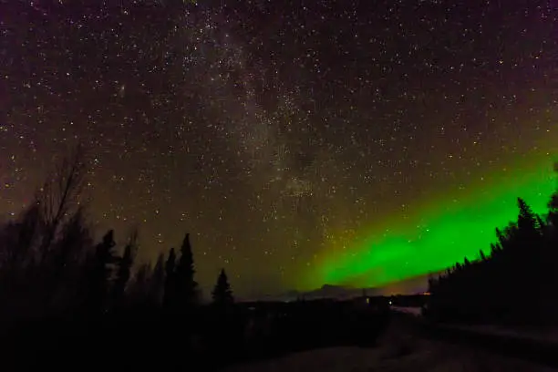 Northern Lights and Milky Way over Denali and Talkeetna, Alaska.