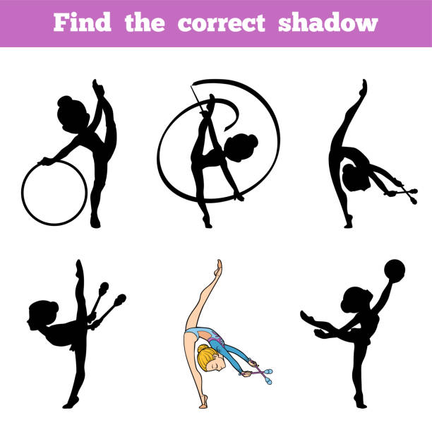 finden sie den richtigen schatten, spiel für kinder, die turnerin und jonglage clubs - rhythmische sportgymnastik ball stock-grafiken, -clipart, -cartoons und -symbole