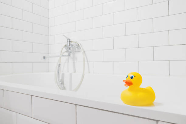 canard jaune dans la salle de bain sur le fond de douche - duckie photos et images de collection